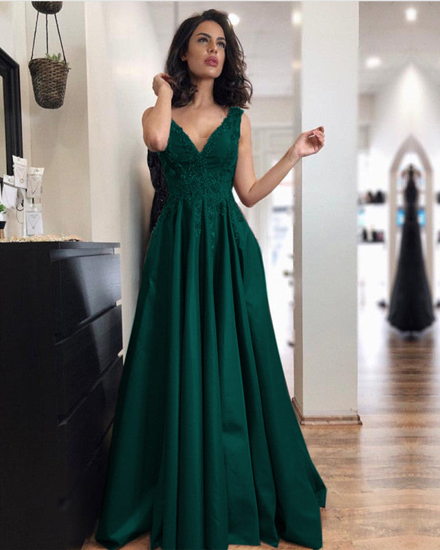 elegant green prom dress Long Dresses V-neck Appliques The fabric is comfortable US SIZE:US6 Lace Appliqued Short Blue YGroup_14712130863469