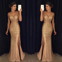 Load image into Gallery viewer, Sexy V Neck Leg Slit Champagne Mermaid Prom Dress Crystal Beaded
