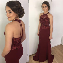Load image into Gallery viewer, Elegant Lace Halter Long Mermaid Prom Dresses Burgundy Evening Gowns
