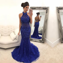 Load image into Gallery viewer, Purple Mermaid Prom Dresses Halter Crystal Beaded

