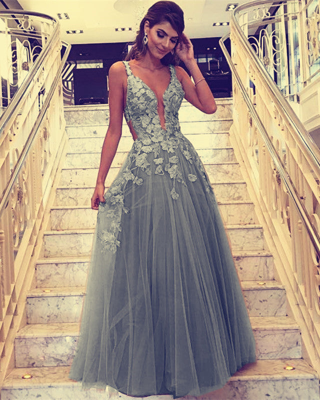 Lace Embroidery V-neck Tulle Prom Dresses Floor Length Evening Gowns alinanova Lace Embroidery V-neck Tulle Prom Dresses Floor Length Evening Gowns alinanova