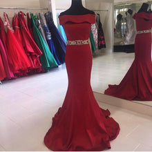 Load image into Gallery viewer, Long Burgundy Satin Off The Shoulder Mermaid Prom Dress-alinanova
