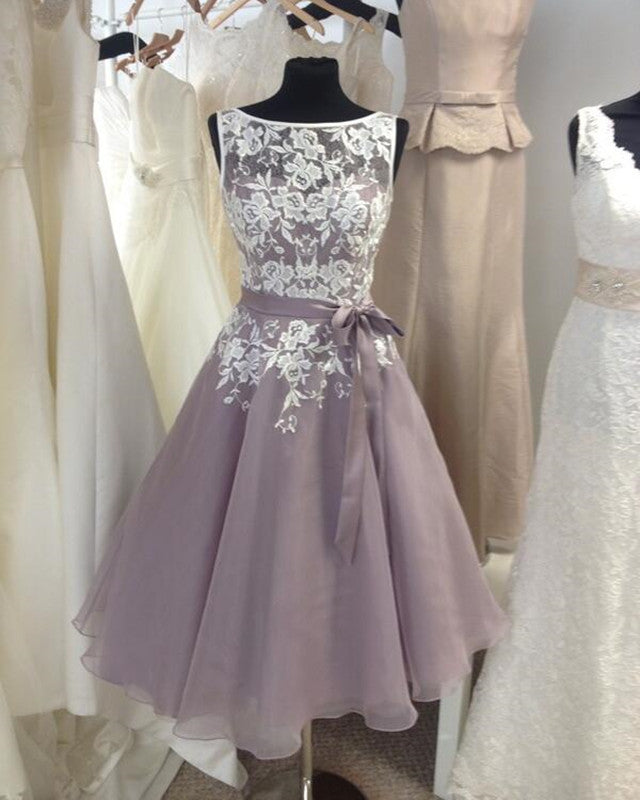 grey tea length bridesmaid dresses Grey Chiffon Lace Cap Sleeve Short Bridesmaid Dress