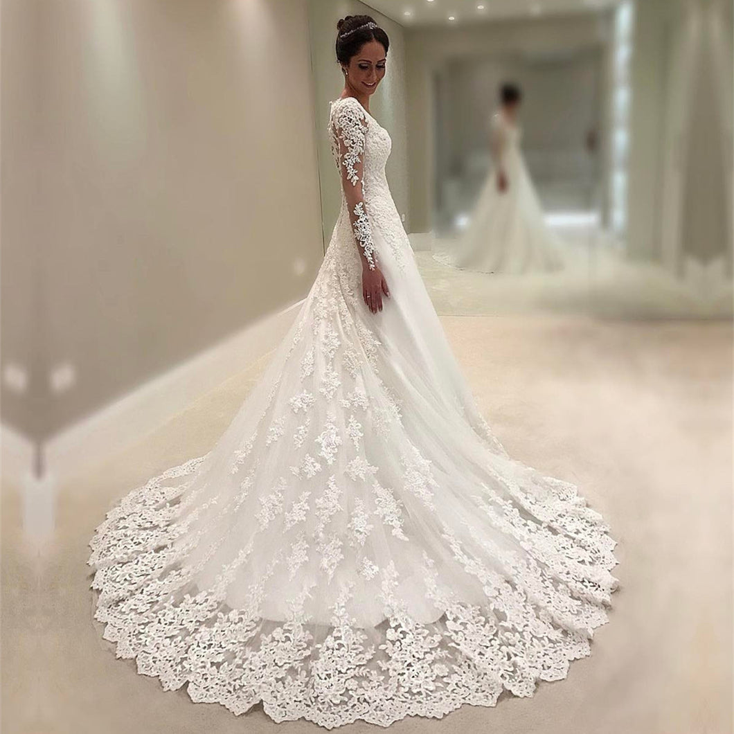 Vintage Lace Wedding Dresses Princess Long Sleeves Bridal Gowns-alinanova