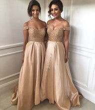 Load image into Gallery viewer, Gold Sequins Beads V Neck Long Satin Bridesmaid Dresses
