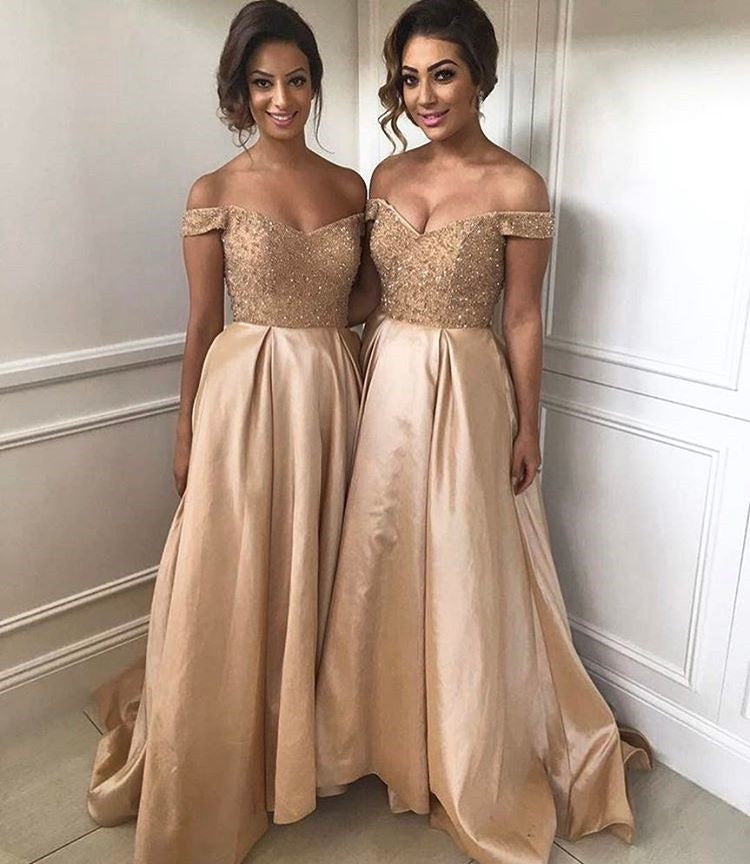 Gold Sequins Beads V Neck Long Satin Bridesmaid Dresses alinanova Gold Sequins Beads V Neck Long Satin Bridesmaid Dresses alinanova