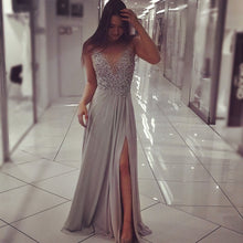 Load image into Gallery viewer, Long Chiffon Slit Prom Evening Dresses Pearl Beaded
