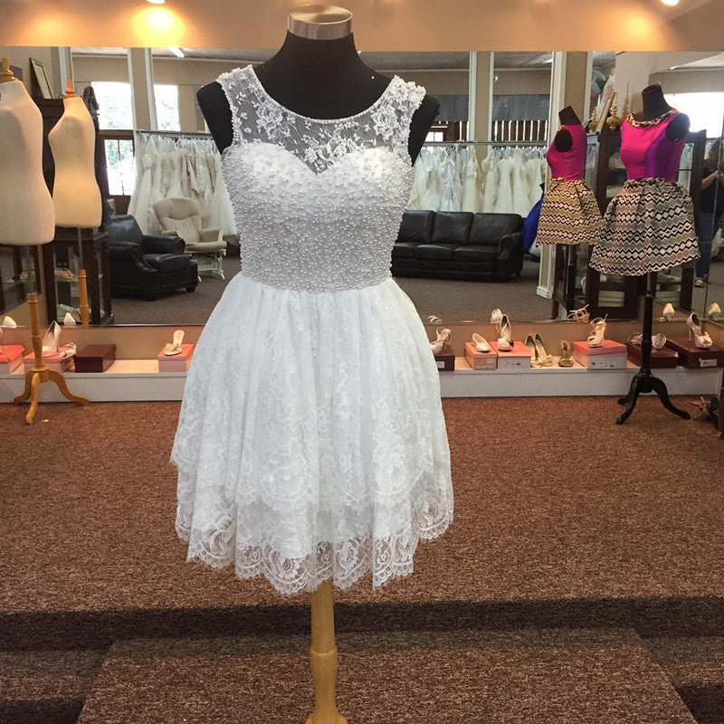 Elegant Pearl Beading White Lace Homecoming Dresses-alinanova
