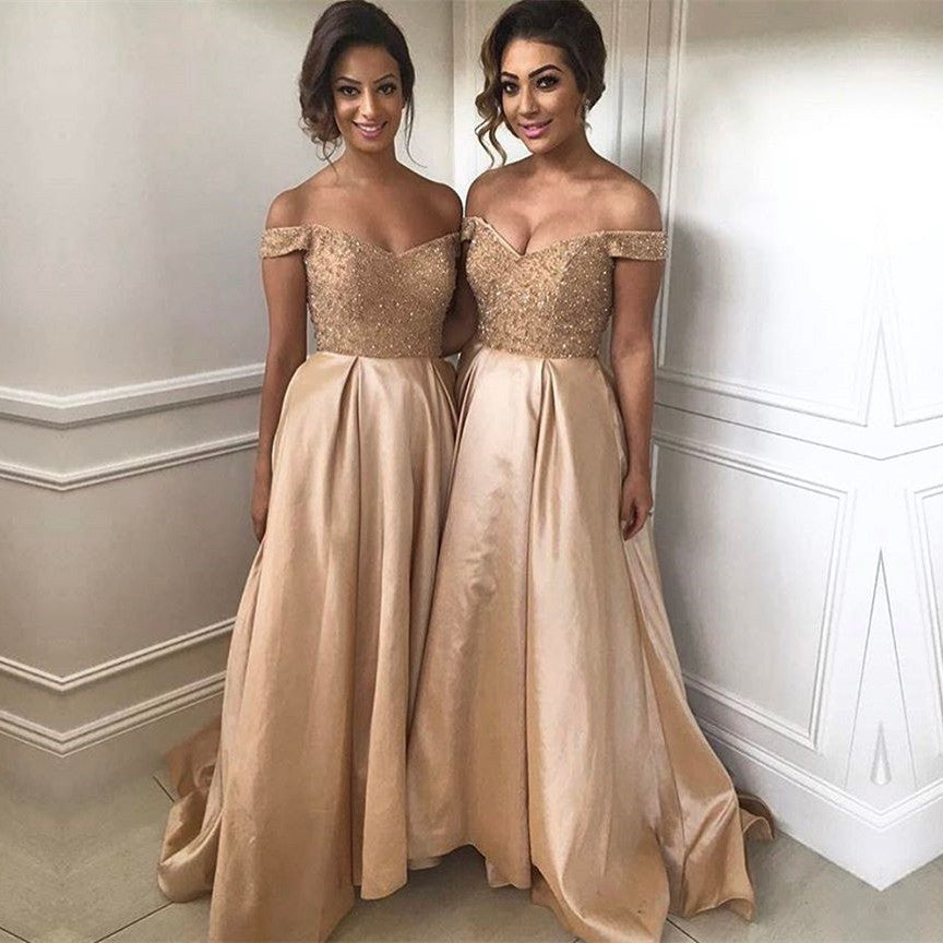 Gold Sequins Beads V Neck Long Satin Bridesmaid Dresses alinanova