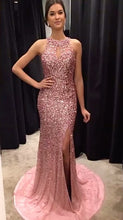 Load image into Gallery viewer, Champagne Crystal Beaded Mermaid Prom Dresses Halter Evening Gowns
