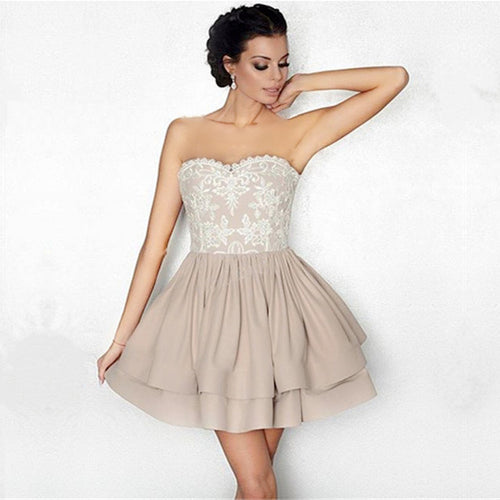 White Lace Appliques Nude Satin Ruffle Homecoming Dresses 2018-alinanova