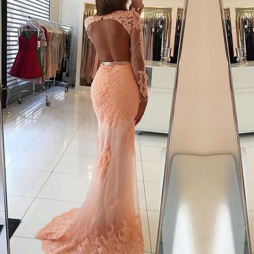 Long Sleeves Open Back Lace Mermaid Prom Dresses-alinanova