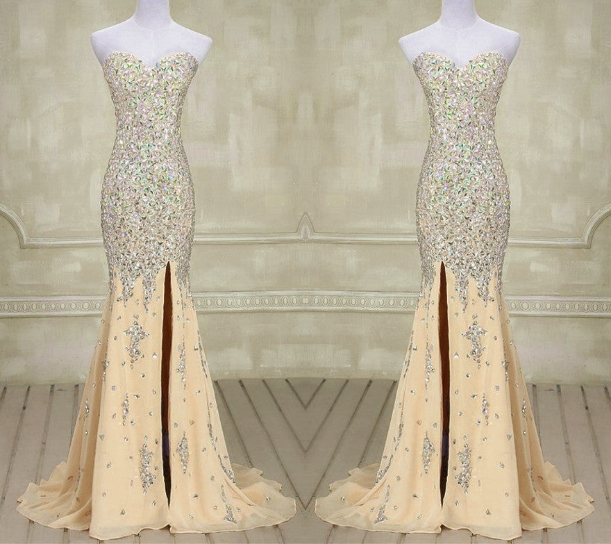 Fully Crystal Beading Sweetheart Chiffon Evening Dresses With Leg Slit –  alinanova