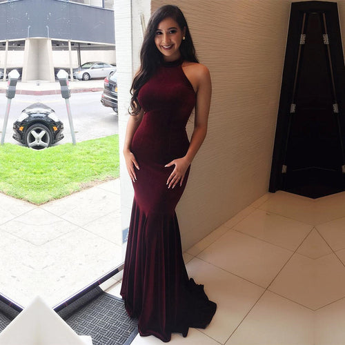 Long Halter Velvet Mermaid Bridesmaid Dress-alinanova