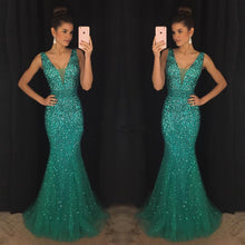 Load image into Gallery viewer, Deep V Neck Long Mermaid Evening Dresses Crystal Beaded
