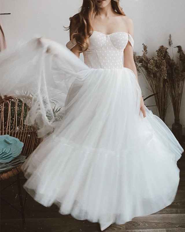 Summer Country Tulle Tea Length Wedding Dress Off The Shoulder – alinanova