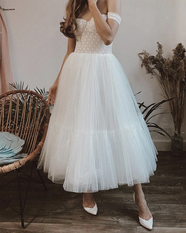 1950s Tea Length Wedding Dress Corset Off Shoulder-alinanova