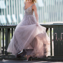 Load image into Gallery viewer, Sequins Beaded V Neck Gray Tulle V Neck Long Evening Gowns-alinanova
