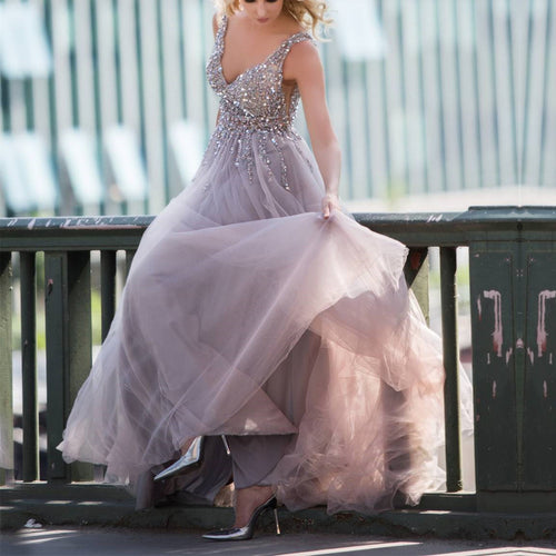 Sequins Beaded V Neck Gray Tulle V Neck Long Evening Gowns-alinanova
