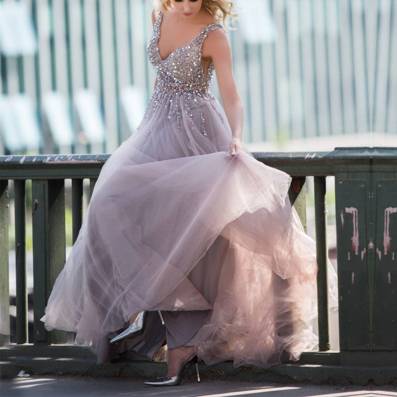 Sequins Beaded V Neck Gray Tulle V Neck Long Evening Gowns-alinanova