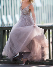 Load image into Gallery viewer, Sequins Beaded V Neck Gray Tulle V Neck Long Evening Gowns
