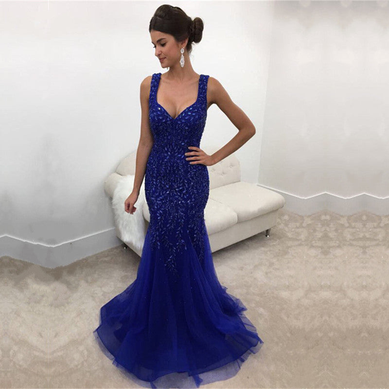Royal Blue Crystal Beaded Mermaid Backless Evening Gowns-alinanova