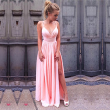 Load image into Gallery viewer, Sexy V-neck Long Pink Satin Prom Dresses With Leg Split-alinanova
