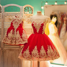 Load image into Gallery viewer, Vintage 1950s Style Swing Party Dress Gold Lace Appliques
