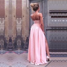 Load image into Gallery viewer, Sexy V-neck Long Pink Satin Prom Dresses With Leg Split
