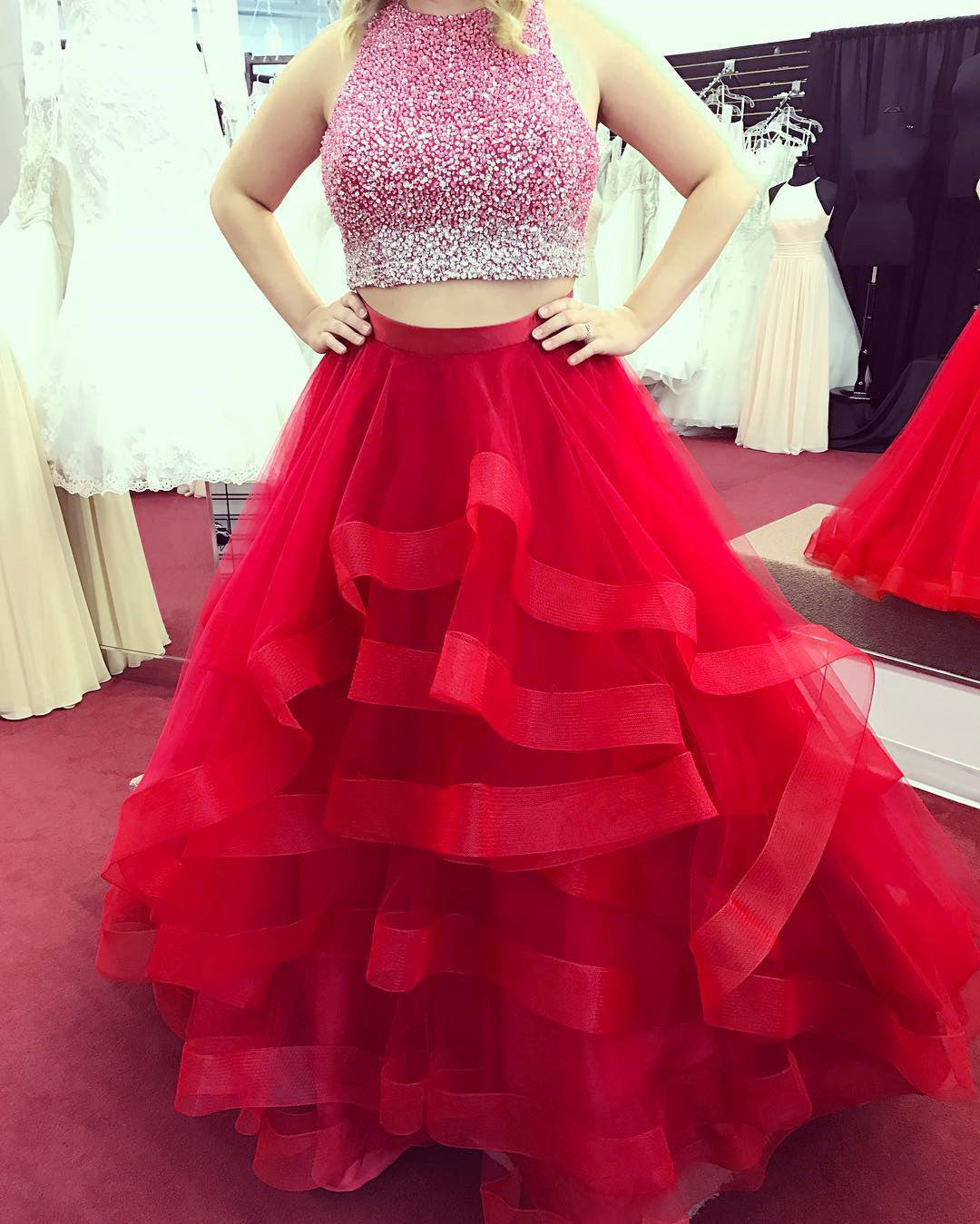 fitted lace wedding dress Red Long Satin Prom Dress With Beaded Applique And Scoop Neckline main image 0