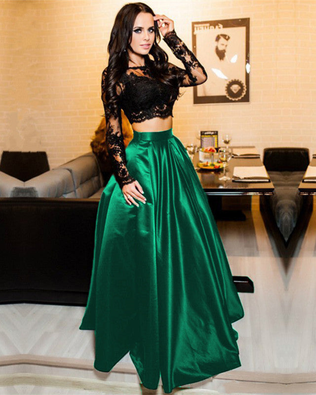 Black Lace Crop Top Satin Floor Length Prom Dresses Two Piece Black Lace Crop Top Satin Floor Length Prom Dresses Two Piece