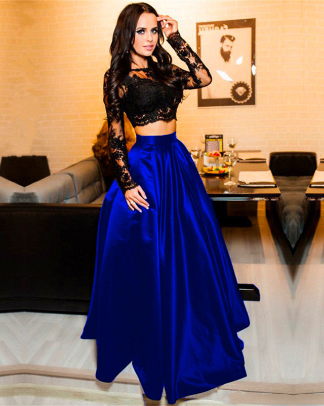 Black Lace Crop Top Satin Floor Length Prom Dresses Two Piece Black Lace Crop Top Satin Floor Length Prom Dresses Two Piece