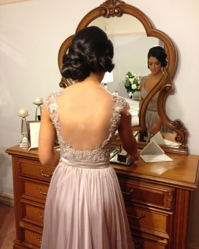 Lace Beaded Cap Sleeves Nude Back Long Silver Bridesmaid Dresses
