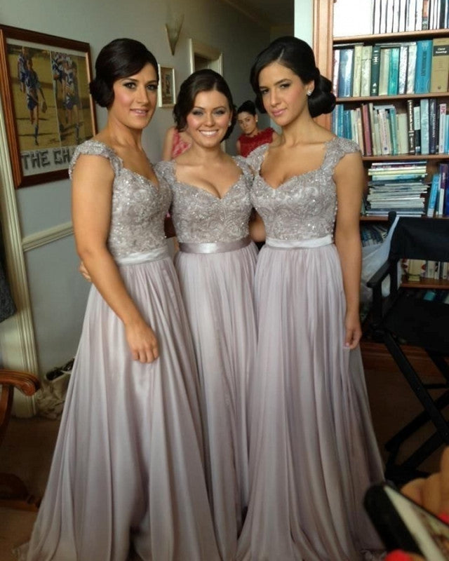 Lace Beaded Cap Sleeves Nude Back Long Silver Bridesmaid Dresses
