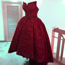 Load image into Gallery viewer, Beading Strapless Lace Prom Dresses Front Short Long Back Evening Gowns

