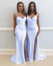Load image into Gallery viewer, Spaghetti Straps V Neck Long Slit Mermaid Prom Dresses 2018

