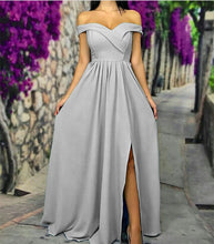 Load image into Gallery viewer, Sexy Off The Shoulder Long Satin Bridesmaid Dresses With Leg Slit
