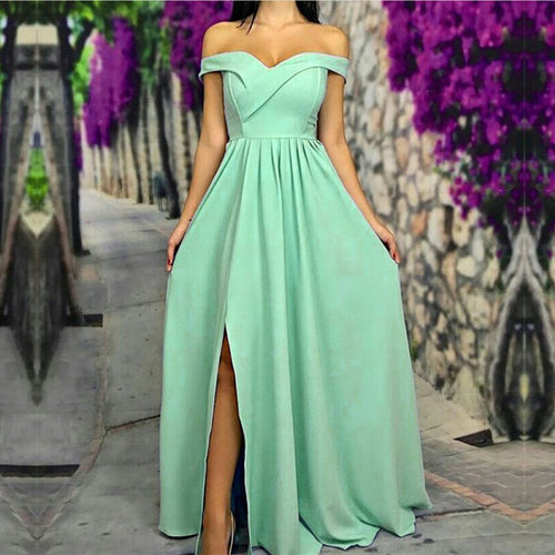 Sexy Off The Shoulder Long Satin Bridesmaid Dresses With Leg Slit-alinanova