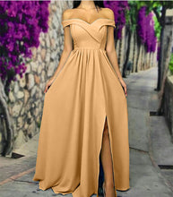 Load image into Gallery viewer, Sexy Off The Shoulder Long Satin Bridesmaid Dresses With Leg Slit
