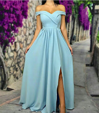 Load image into Gallery viewer, Sexy Off The Shoulder Long Satin Bridesmaid Dresses With Leg Slit
