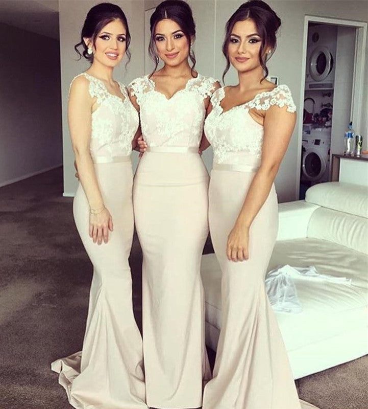 Ivory Lace Cap Sleeves V-neck Floor Length Satin Bridesmaid Dresses Ivory Lace Cap Sleeves V-neck Floor Length Satin Bridesmaid Dresses