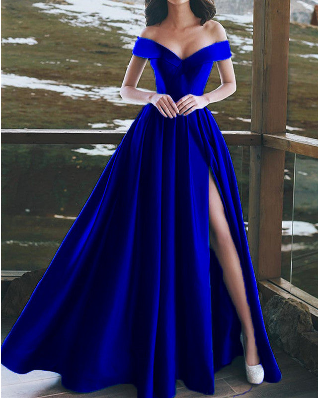 Elegant V-neck Off The Shoulder Long Satin Prom Dresses Elegant V-neck Off The Shoulder Long Satin Prom Dresses