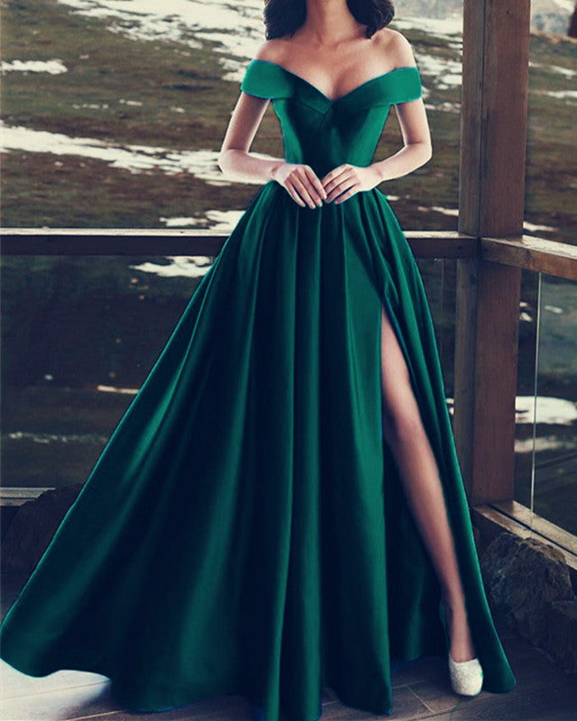 Charming V-neck Off The Shoulder Prom Dresses Long Satin Evening Gowns