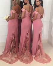 Load image into Gallery viewer, Blush-Pink-Bridesmaid-Dresses-Long-Lace-Appliques-Evening-Gowns
