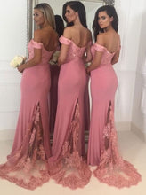Load image into Gallery viewer, Lace-Appliques-Court-Train-Bridesmaid-Dress-Mermaid-Evening-Gowns
