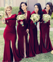Load image into Gallery viewer, Long Sleeves Open Back Mermaid V-neck Bridesmaid Dresses
