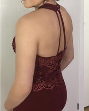 Load image into Gallery viewer, Lace Halter Backless Satin Floor Length Prom Dresses
