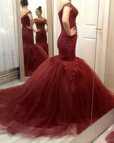 Maroon Mermaid Evening Dresses Lace Appliques