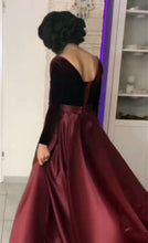 Load image into Gallery viewer, Velvet Long Sleeves Satin Burgundy Dress For Prom

