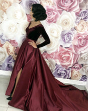 Load image into Gallery viewer, Maroon Evening Dress Long Sleeve Prom Slit Dress
